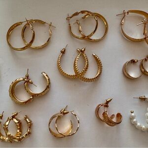 Set of 11 Elegant Gold Hoop Earrings with Intricate Designs